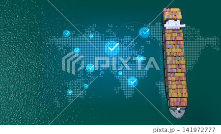 3D illustration aerial view of a container ship sailing on teal ocean beside a glowing digital world map 3D illustration aerial view of a container ship sailing on teal ocean beside a glowing digital world map 141972777