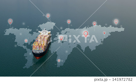 3D Illustration Aerial View Container Ship on Ocean with World Map and Location Pin Icons International Shipping 3D Illustration Aerial View Container Ship on Ocean with World Map and Location Pin Icons International Shipping 141972782