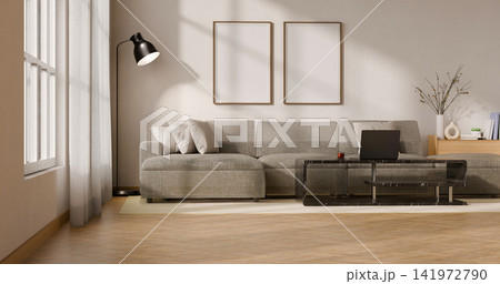 Modern Minimalist Living Room Interior with Blank Wall Art Frames Above Gray Sectional Sofa, 3D Render Modern Minimalist Living Room Interior with Blank Wall Art Frames Above Gray Sectional Sofa, 3D Render 141972790
