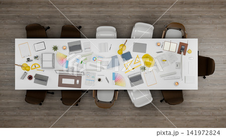 3D Render Overhead View of Architect and Designer Workspace Conference Table with Tools and Laptops 3D Render Overhead View of Architect and Designer Workspace Conference Table with Tools and Laptops 141972824