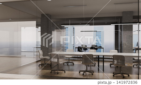 3D Render of Modern Corporate Office Workspace with Glass Walls, Conference Table, and City View 141972836