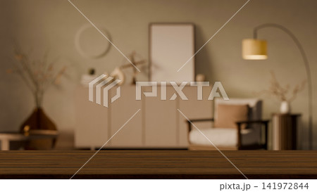 3D Render of Cozy Living Room Workspace with Wooden Table Foreground and Blurred Bohemian Interior Background 3D Render of Cozy Living Room Workspace with Wooden Table Foreground and Blurred Bohemian Interior Background 141972844
