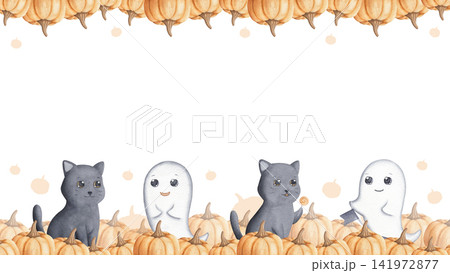 Frame with cats, ghosts and pumpkins watercolor hand drawn illustration isolated on white background. Cute festive template for party invitation and greeting cards Frame with cats, ghosts and pumpkins watercolor hand drawn illustration isolated on white background. Cute festive template for party invitation and greeting cards 141972877