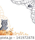 Template with cat, pumpkins, spider and web watercolor hand drawn illustration isolated on white background. Frame with festive cute characters for Halloween invitation and greeting cards 141972878