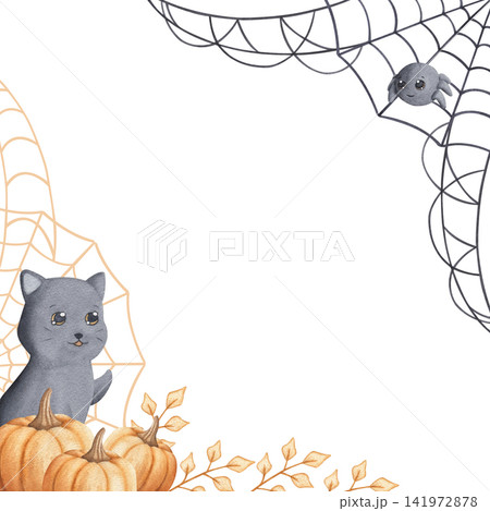 Template with cat, pumpkins, spider and web watercolor hand drawn illustration isolated on white background. Frame with festive cute characters for Halloween invitation and greeting cards Template with cat, pumpkins, spider and web watercolor hand drawn illustration isolated on white background. Frame with festive cute characters for Halloween invitation and greeting cards 141972878