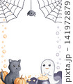 Frame with cat, ghost, boiling potion, hanging web and bubbles watercolor hand drawn illustration isolated on white background. Template with Halloween cute characters for party invitation  141972879