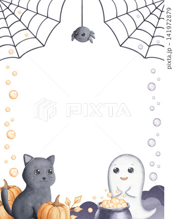 Frame with cat, ghost, boiling potion, hanging web and bubbles watercolor hand drawn illustration isolated on white background. Template with Halloween cute characters for party invitation Frame with cat, ghost, boiling potion, hanging web and bubbles watercolor hand drawn illustration isolated on white background. Template with Halloween cute characters for party invitation 141972879