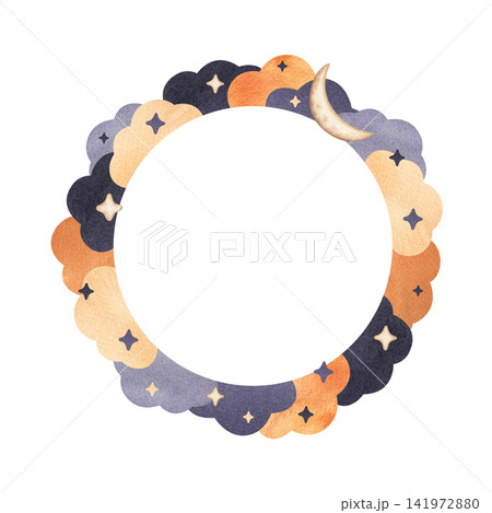 Template with moon, stars and clouds watercolor hand drawn illustration isolated on white background. Magical frame in soft and warm colors for baby shower invitation and greeting cards Template with moon, stars and clouds watercolor hand drawn illustration isolated on white background. Magical frame in soft and warm colors for baby shower invitation and greeting cards 141972880