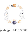 Frame with ghost, boiling cauldron, spider and autumn branches watercolor hand drawn illustration isolated on white background. Cute magical template for party invitation and greeting cards 141972881