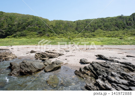 青い空と緑の草原が続く城ヶ島海岸の磯の風景 青い空と緑の草原が続く城ヶ島海岸の磯の風景 141972888