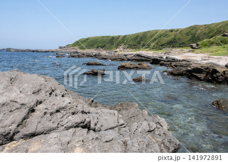 青い空と緑の草原が続く城ヶ島海岸の磯の風景 青い空と緑の草原が続く城ヶ島海岸の磯の風景 141972891