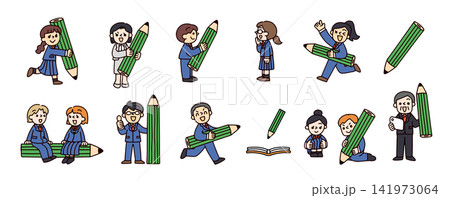 勉強や受験をイメージした先生と学生たちのイラストセット 勉強や受験をイメージした先生と学生たちのイラストセット 141973064