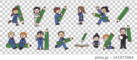 勉強や受験をイメージした先生と学生たちのイラストセット 勉強や受験をイメージした先生と学生たちのイラストセット 141973064