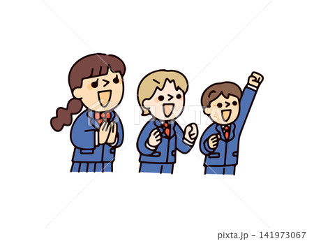 喜んだり応援したりしている学生3人のイラスト 喜んだり応援したりしている学生3人のイラスト 141973067