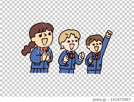 喜んだり応援したりしている学生3人のイラスト 喜んだり応援したりしている学生3人のイラスト 141973067