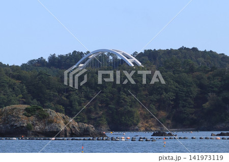 尾浦漁港と海と出島大橋(宮城県女川町) 尾浦漁港と海と出島大橋(宮城県女川町) 141973119