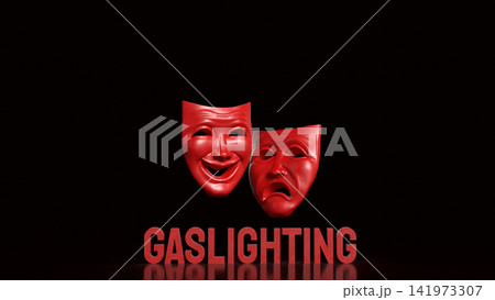 Red Theater Masks Symbolizing Gaslighting and Emotional Manipulation 3d render. Red Theater Masks Symbolizing Gaslighting and Emotional Manipulation 3d render. 141973307