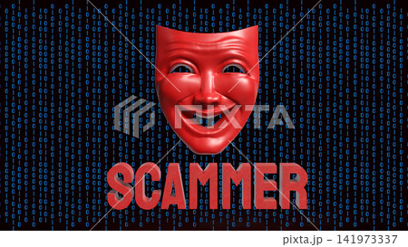 Digital Scammer Mask Hidden Inside Binary Code 3d render. Digital Scammer Mask Hidden Inside Binary Code 3d render. 141973337