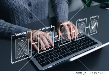 Document version control and revision history concept, file versions from 1 to 5, change tracking workflow, document update process, final approval check, edit management, and digital record control. Document version control and revision history concept, file versions from 1 to 5, change tracking workflow, document update process, final approval check, edit management, and digital record control. 141973908