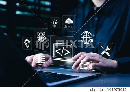Web development and web design concept. Programmer using laptop and coding interface, showing responsive layout, website creation, cloud hosting, server management, digital tools, software workflow 141973911