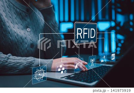 RFID technology connects contactless identification, inventory tracking, logistics, retail, automated data exchange. professional uses laptop to manage smart operation, assets, supply chain visibility 141973919
