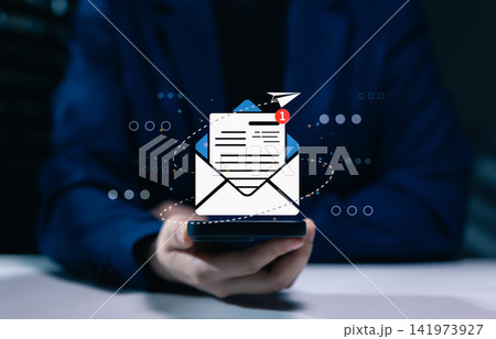 Email notification and digital message delivery concept. Woman using smartphone and envelope alert, inbox communication, email marketing, newsletter update, business correspondence, campaign outreach 141973927