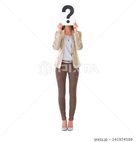 Business, woman and paper with question mark in studio for doubt, confused and consultant for help with about us. Entrepreneur, professional and poster for FAQ and communication on white background Business, woman and paper with question mark in studio for doubt, confused and consultant for help with about us. Entrepreneur, professional and poster for FAQ and communication on white background 141974589
