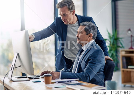 Businessmen, office and computer with advice for teamwork with corporate for boss with coworking. Manager, mentor and internship with employee for collaboration with technology for law with helping 141974649