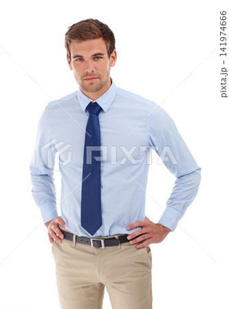 Business man, portrait and serious with career confidence and employee fashion in studio. Corporate consultant, worker and professional ready for job with white background, pride and modern style 141974666