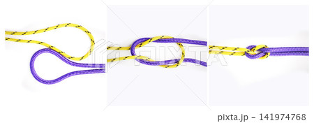 Sailor, knot and how to tie with rope in tutorial, guide or info steps to connect string for security. Creative, pattern and template instructions to loop textile thread in chain with strong link Sailor, knot and how to tie with rope in tutorial, guide or info steps to connect string for security. Creative, pattern and template instructions to loop textile thread in chain with strong link 141974768