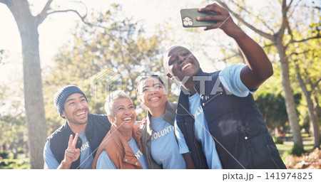 Volunteer, people and happy in selfie outdoor, memory and charity social media post. Team, laughing and group with community service for outreach, photo for ngo blog site or streaming with peace sign Volunteer, people and happy in selfie outdoor, memory and charity social media post. Team, laughing and group with community service for outreach, photo for ngo blog site or streaming with peace sign 141974825