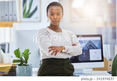 Corporate, portrait and black woman with arms crossed in office for confidence, career pride or ambition. Lens flare, serious and female admin clerk for professional, determination or company goal Corporate, portrait and black woman with arms crossed in office for confidence, career pride or ambition. Lens flare, serious and female admin clerk for professional, determination or company goal 141974837