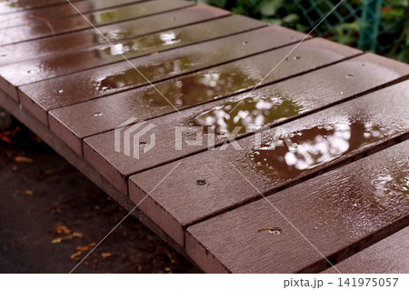 雨に濡れた公園の木製ベンチの座面 雨に濡れた公園の木製ベンチの座面 141975057