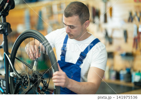 Focused mechanic adjusting bicycle wheel in professional repair shop 141975536