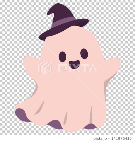 Cute Halloween Ghost Wearing Purple Witch Hat Flat Illustration Cute Halloween Ghost Wearing Purple Witch Hat Flat Illustration 141976430