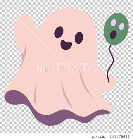 Cute Halloween Ghost Holding a Green Balloon, Flat Cartoon Illustration Cute Halloween Ghost Holding a Green Balloon, Flat Cartoon Illustration 141976431