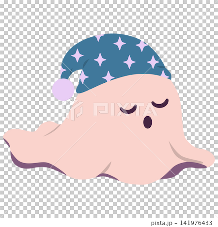 Cute Halloween Ghost Wearing Starry Nightcap, Flat Cartoon Illustration Cute Halloween Ghost Wearing Starry Nightcap, Flat Cartoon Illustration 141976433