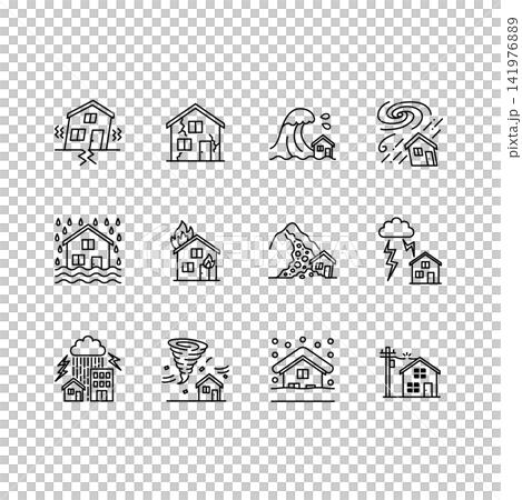Icon set of icons related to natural disasters and damage to homes Icon set of icons related to natural disasters and damage to homes 141976889
