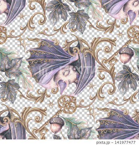 Cute bat with golden ornament seamless pattern. Hand drawn watercolor purple animal with baroque filigree and vintage key. Magic graphic for halloween design. Gothic repeat for wallpaper or textile. Cute bat with golden ornament seamless pattern. Hand drawn watercolor purple animal with baroque filigree and vintage key. Magic graphic for halloween design. Gothic repeat for wallpaper or textile. 141977477
