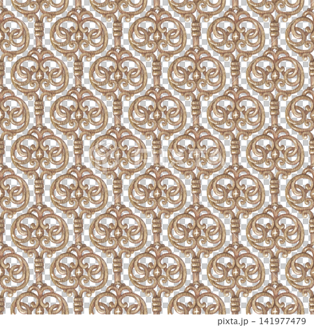 Dense medieval ornament with golden filigree key shape seamless pattern. Hand drawn watercolor vintage gold details. Ornamental graphic for texture design. Elegant repeat for fabric or wallpaper. Dense medieval ornament with golden filigree key shape seamless pattern. Hand drawn watercolor vintage gold details. Ornamental graphic for texture design. Elegant repeat for fabric or wallpaper. 141977479