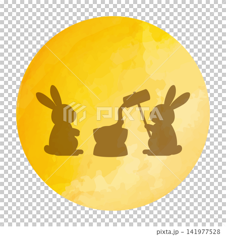 一幅水彩風格的插圖,描繪了一輪碩大的滿月和兩隻兔子搗年糕的剪影。 一幅水彩風格的插圖,描繪了一輪碩大的滿月和兩隻兔子搗年糕的剪影。 141977528