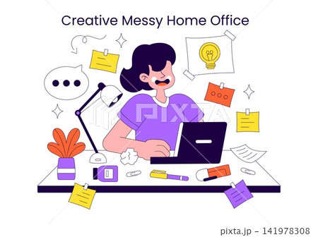 Creative Messy Home Office Vector Illustration Featuring Cluttered Workspace, Remote Work, Organized Chaos, Desk Supplies, and Productive Lifestyle 141978308