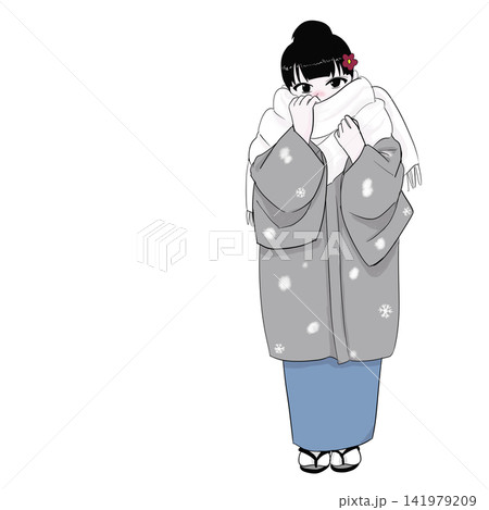 マフラーに顔をうずめる着物女性 真冬のぬくもり マフラーに顔をうずめる着物女性 真冬のぬくもり 141979209