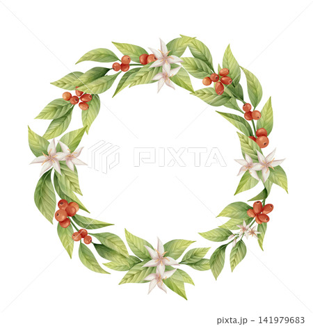 Coffee wreath with leaves, berries, and flowers. Circular botanical frame. Hand drawn aesthetic illustration 141979683