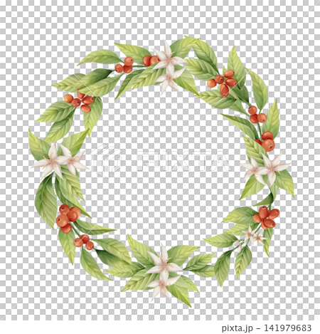 Coffee wreath with leaves, berries, and flowers. Circular botanical frame. Hand drawn aesthetic illustration 141979683