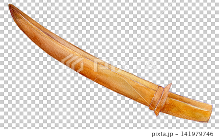 Watercolor illustration, hand-drawn illustration, wooden sword souvenir from a tourist spot Watercolor illustration, hand-drawn illustration, wooden sword souvenir from a tourist spot 141979746