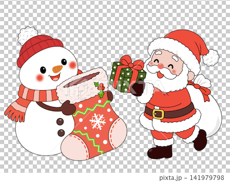 A snowman and Santa Claus waiting for presents in a giant stocking. A snowman and Santa Claus waiting for presents in a giant stocking. 141979798