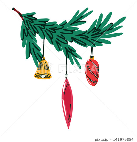 Christmas Evergreen Branch with Colorful Hanging Ornaments, Hand Drawn Fir Foliage with Bells and Festive Holiday Decorations 141979884