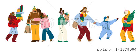 Happy Winter People Walking Together with Christmas Gifts, Shopping Bags and Holiday Purchases, Cozy Urban Lifestyle Illustration for Seasonal Marketing, Community, Retail and Editorial Design Happy Winter People Walking Together with Christmas Gifts, Shopping Bags and Holiday Purchases, Cozy Urban Lifestyle Illustration for Seasonal Marketing, Community, Retail and Editorial Design 141979904