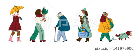 Winter City Residents Walking Outdoors with Umbrella, Dog, Grocery Bags and Christmas Purchases, Cozy Everyday Urban Lifestyle Illustration for Editorial, Community and Local Business Winter City Residents Walking Outdoors with Umbrella, Dog, Grocery Bags and Christmas Purchases, Cozy Everyday Urban Lifestyle Illustration for Editorial, Community and Local Business 141979906